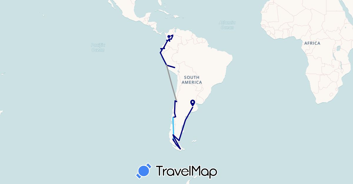 TravelMap itinerary: driving, plane, boat in Argentina, Chile, Colombia, Ecuador, Peru (South America)